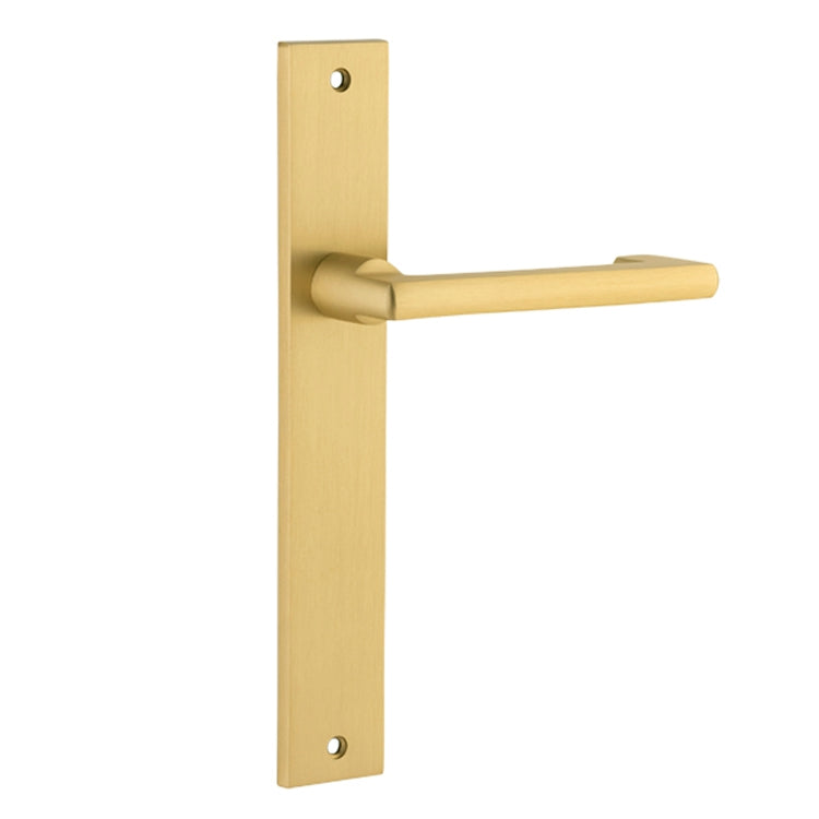 Pair of Iver Baltimore return levers with rectangular backplates, showcasing elegant door hardware in a polished finish.