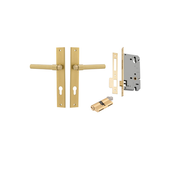 Door Lever Helsinki Rectangular Euro Pair Brushed Gold PVD CTC85mm H240xW38xP58mm Entrance Kit, Mortice Lock Euro Brushed Gold PVD CTC85mm Backset 60mm, Euro Cylinder Dual Function 5 Pin Satin Brass L65mm KA1 in Brushed Gold PVD