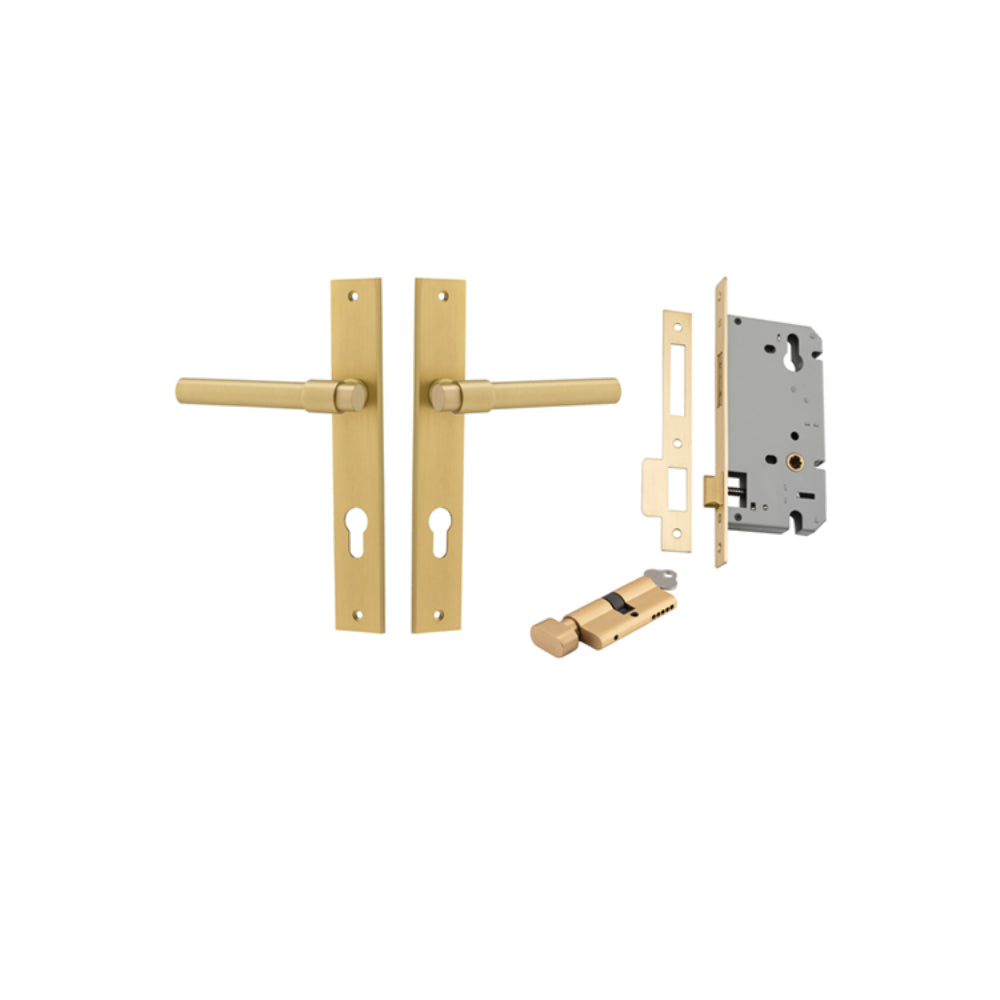 Door Lever Helsinki Rectangular Euro Pair Brushed Gold PVD CTC85mm H240xW38xP58mm Entrance Kit, Mortice Lock Euro Brushed Gold PVD CTC85mm Backset 60mm, Euro Cylinder Key Thumb 6 Pin Satin Brass L70mm KA1 in Brushed Gold PVD