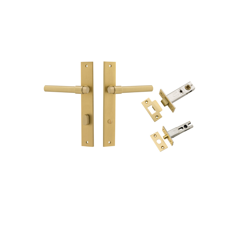 Door Lever Helsinki Rectangular Privacy Pair Brushed Gold PVD CTC85mm H240xW38xP58mm Privacy Kit, Tube Latch Split Cam 'T' Striker Brushed Gold PVD Backset 60mm, Privacy Bolt Round Bolt Brushed Gold PVD Backset 60mm in Brushed Gold PVD
