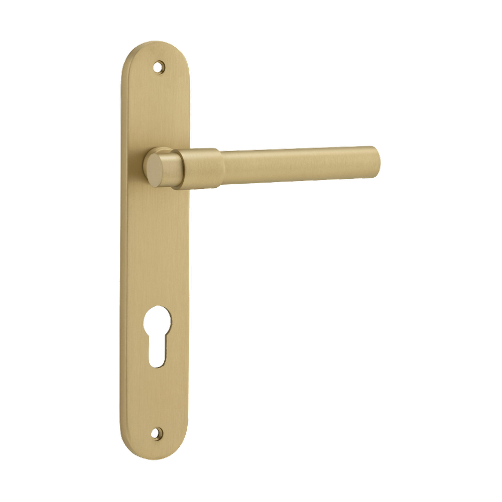 Door Lever Helsinki Oval Euro Pair Brushed Gold PVD CTC85mm H240xW40xP44mm in Brushed Gold PVD