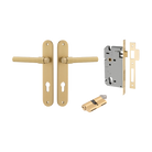 Door Lever Helsinki Oval Euro Pair Brushed Gold PVD CTC85mm H240xW40xP58mm Entrance Kit Mortice Lock Euro Brushed Gold PVD CTC85mm Backset 60mm, Euro Cylinder Dual Function 5 Pin Satin Brass PVD L65mm KA1 in Brushed Gold PVD