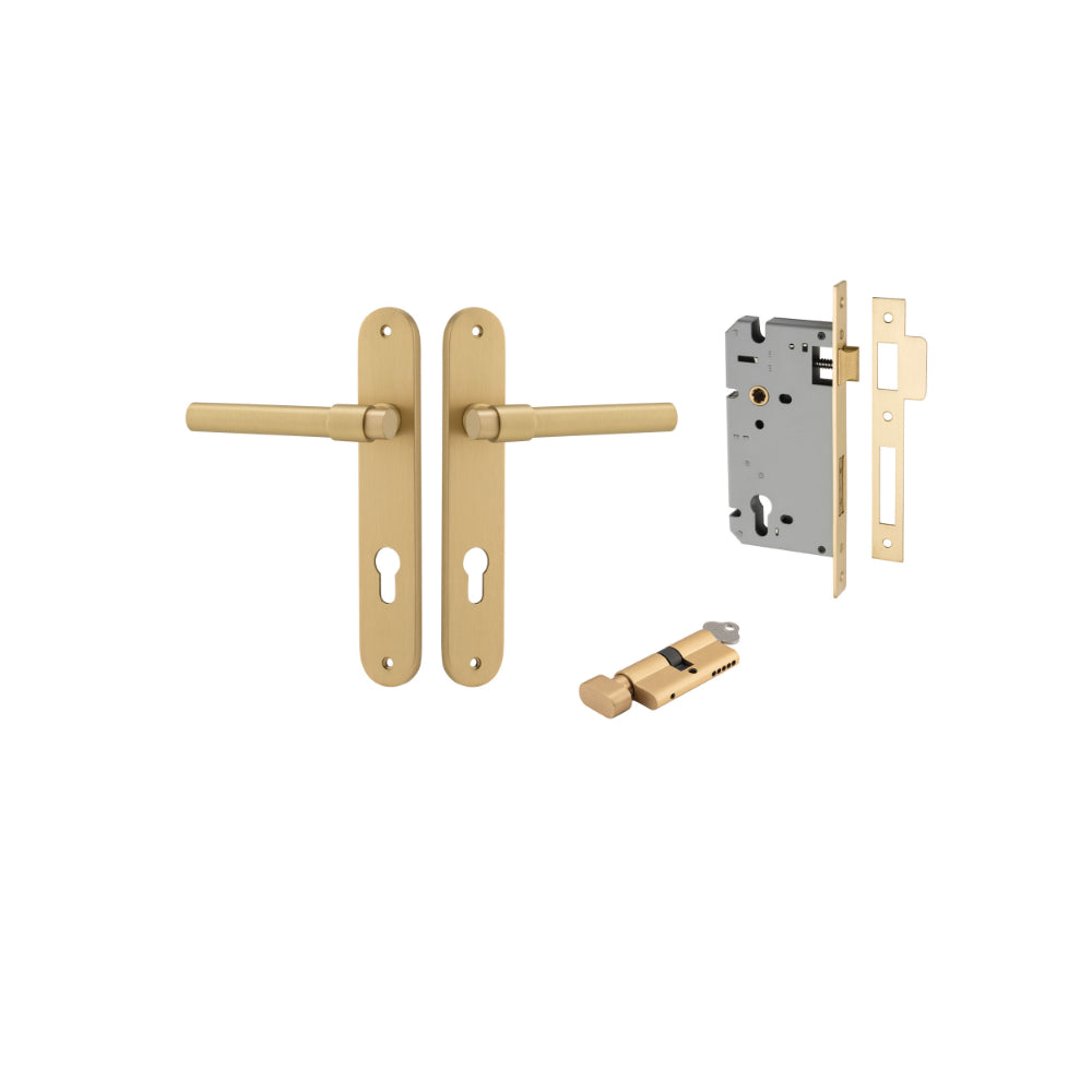 Door Lever Helsinki Oval Euro Pair Brushed Gold PVD CTC85mm H240xW40xP58mm Entrance Kit, Mortice Lock Euro Brushed Gold PVD CTC85mm Backset 60mm, Euro Cylinder Key Thumb 6 Pin Satin Brass L70mm KA1 in Brushed Gold PVD