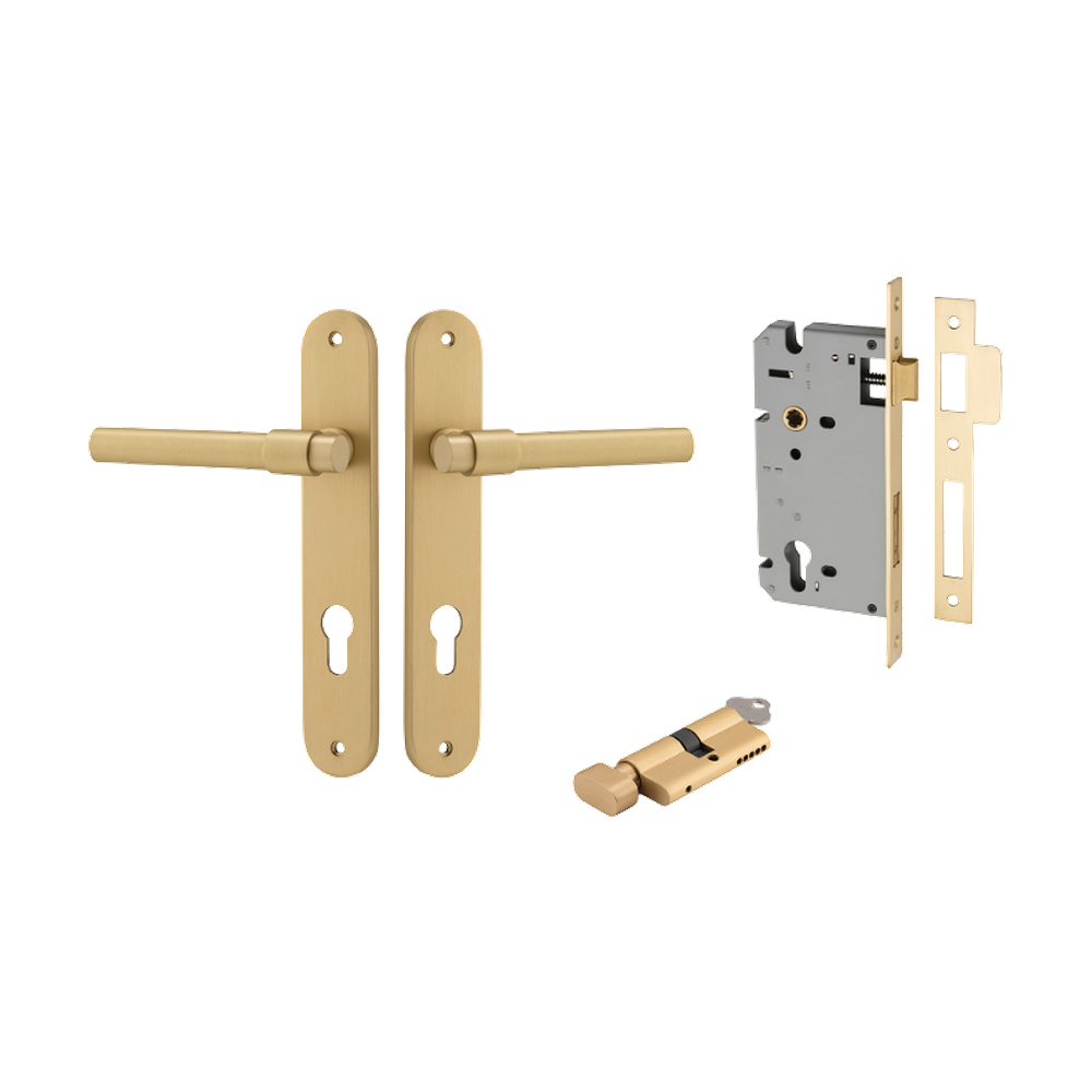 Door Lever Helsinki Oval Euro Pair Brushed Gold PVD CTC85mm H240xW40xP58mm Entrance Kit Mortice Lock Euro Brushed Gold PVD CTC85mm Backset 60mm, Euro Cylinder Key Thumb 6 Pin Satin Brass L70mm KA1 in Brushed Gold PVD