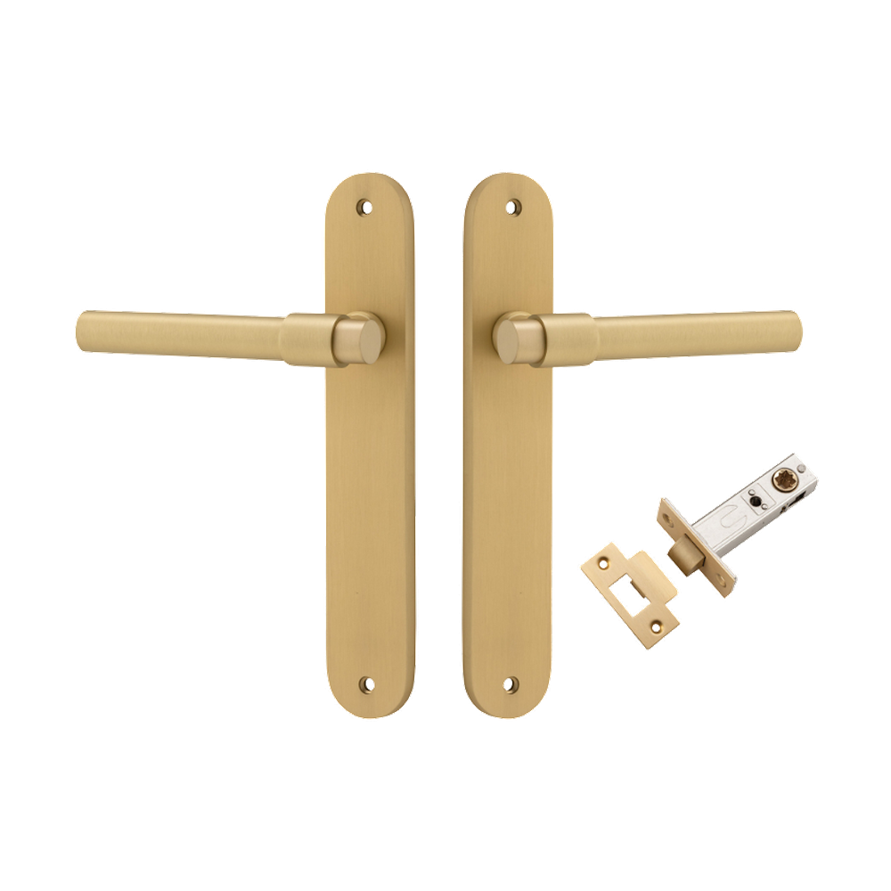 Door Lever Helsinki Oval Brushed Gold PVD L137xP58mm BPH240xW40mm Passage Kit Tube Latch Split Cam 'T' Striker Brushed Gold PVD Backset 60mm in Brushed Gold PVD