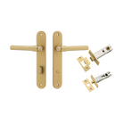 Door Lever Helsinki Oval Privacy Pair Brushed Gold PVD CTC85mm H240xW40xP58mm  Privacy Kit Tube Latch Split Cam 'T' Striker Brushed Gold PVD Backset 60mm, Privacy Bolt Round Bolt Brushed Gold PVD Backset 60mm in Brushed Gold PVD