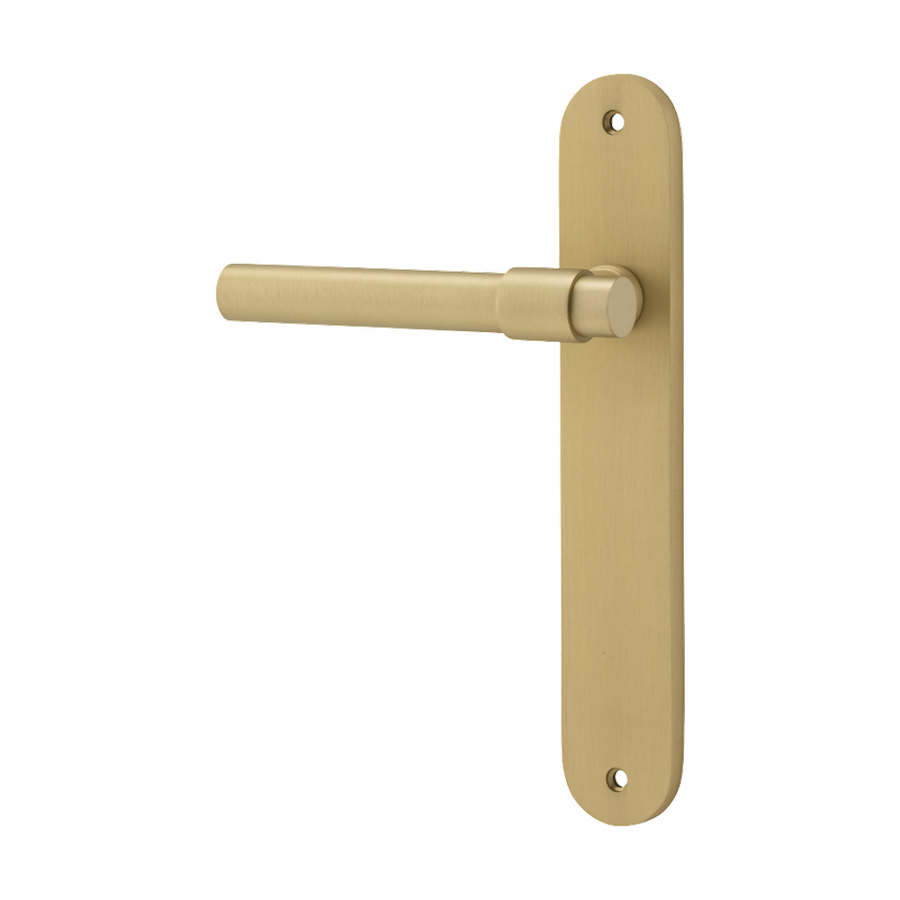 Door Lever Helsinki Oval Latch Left Hand Fixed Brushed Gold PVD L137xP58mm BPH240xW40mm in Brushed Gold PVD