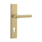 Pair of Iver Helsinki lever door handles on stepped backplates, shown in a close-up of the polished metal finish.