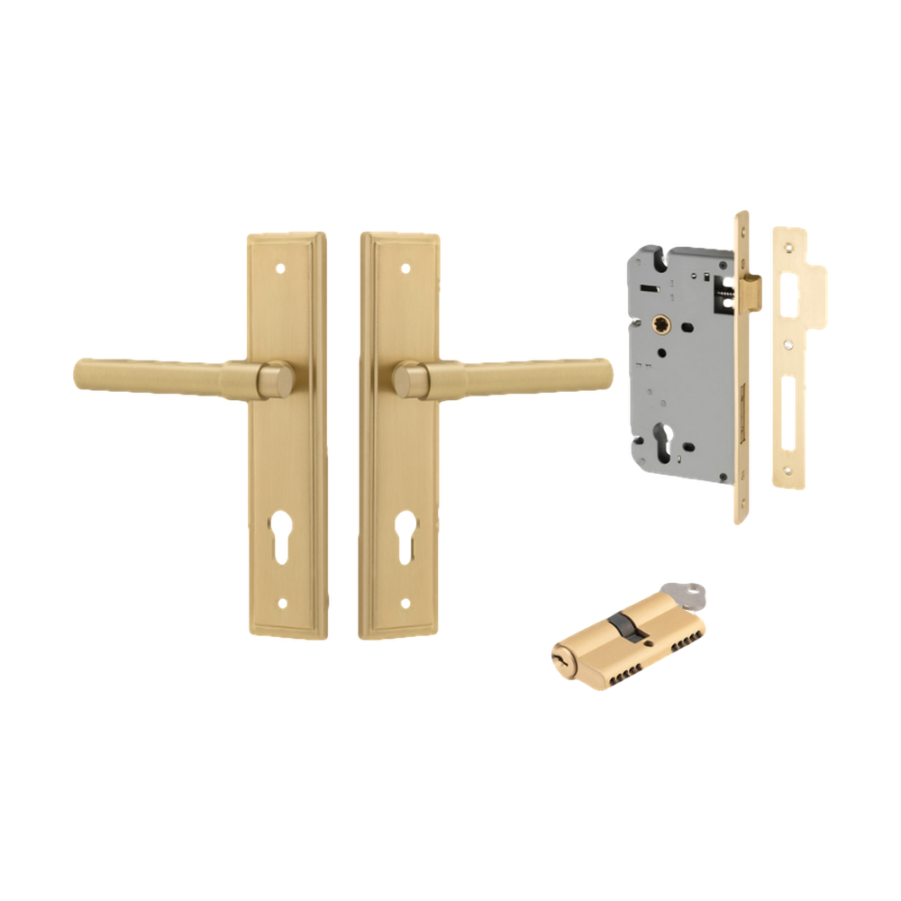 Door Lever Helsinki Stepped Euro Pair Brushed Gold PVD CTC85mm H237xW50xP61mm Entrance Kit, Mortice Lock Euro Brushed Gold PVD CTC85mm Backset 60mm, Euro Cylinder Dual Function 5 Pin Satin Brass L65mm KA1 in Brushed Gold PVD