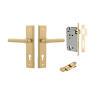 Door Lever Helsinki Stepped Euro Pair Brushed Gold PVD CTC85mm H237xW50xP61mm Entrance Kit, Mortice Lock Euro Brushed Gold PVD CTC85mm Backset 60mm, Euro Cylinder Key Thumb 6 Pin Satin Brass L70mm KA1 in Brushed Gold PVD