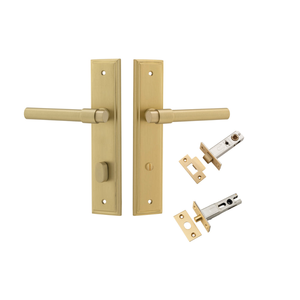 Pair of Iver Helsinki lever door handles on stepped backplates, showcasing sleek black finish and modern design.