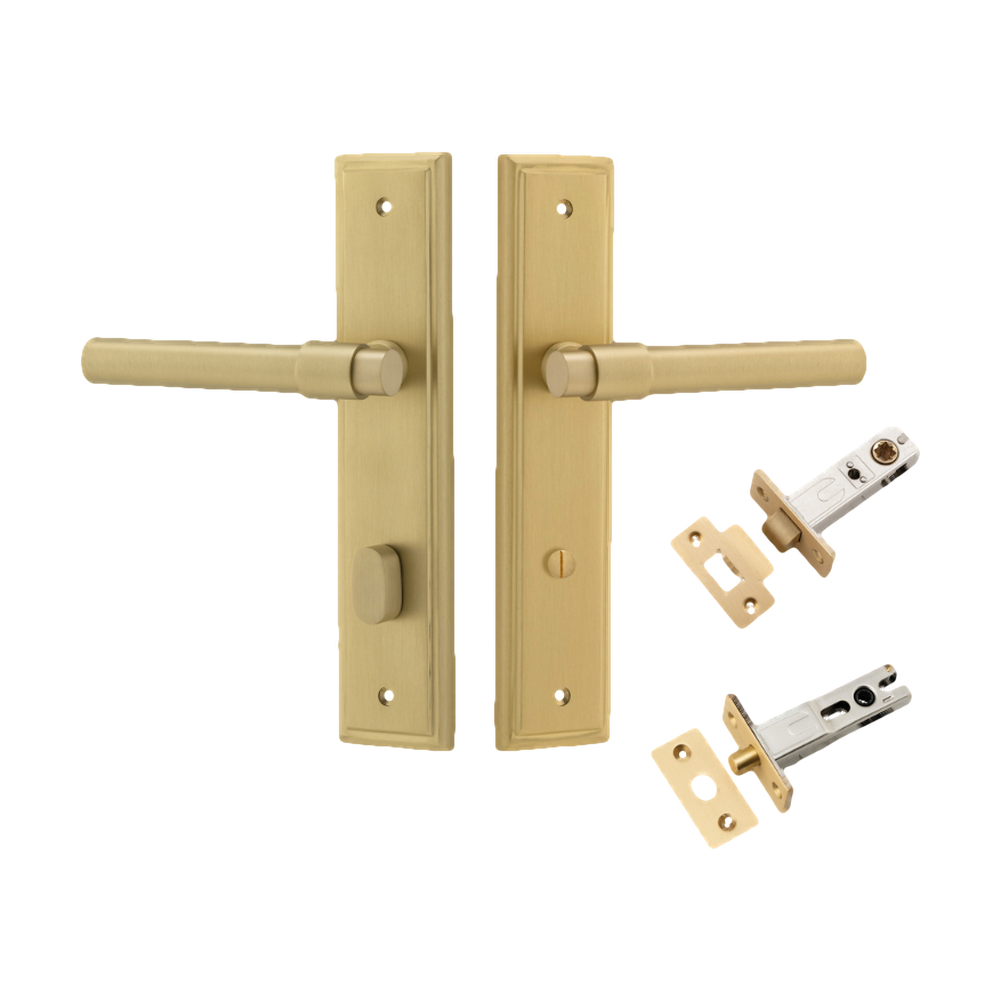 Door Lever Helsinki Stepped Privacy Pair Brushed Gold PVD CTC85mm H237xW50xP61mm Privacy Kit, Tube Latch Split Cam 'T' Striker Brushed Gold PVD Backset 60mm, Privacy Bolt Round Bolt Brushed Gold PVD Backset 60mm in Brushed Gold PVD