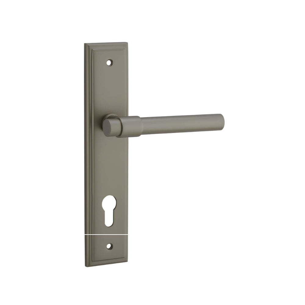 Pair of Iver Helsinki lever handles on stepped backplates, featuring sleek modern design and polished metal finish.