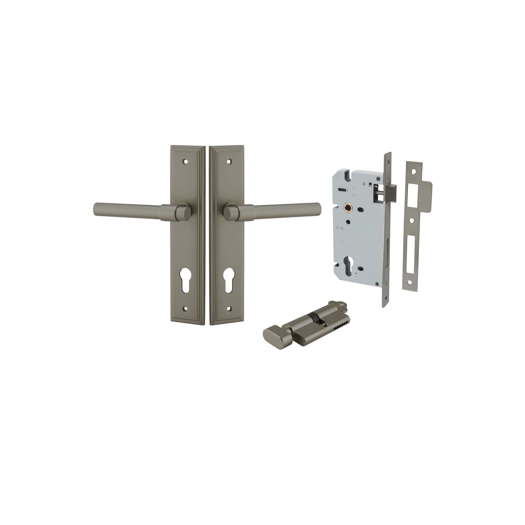 Pair of Iver Helsinki lever door handles on stepped backplates, polished metal finish for modern interior doors.