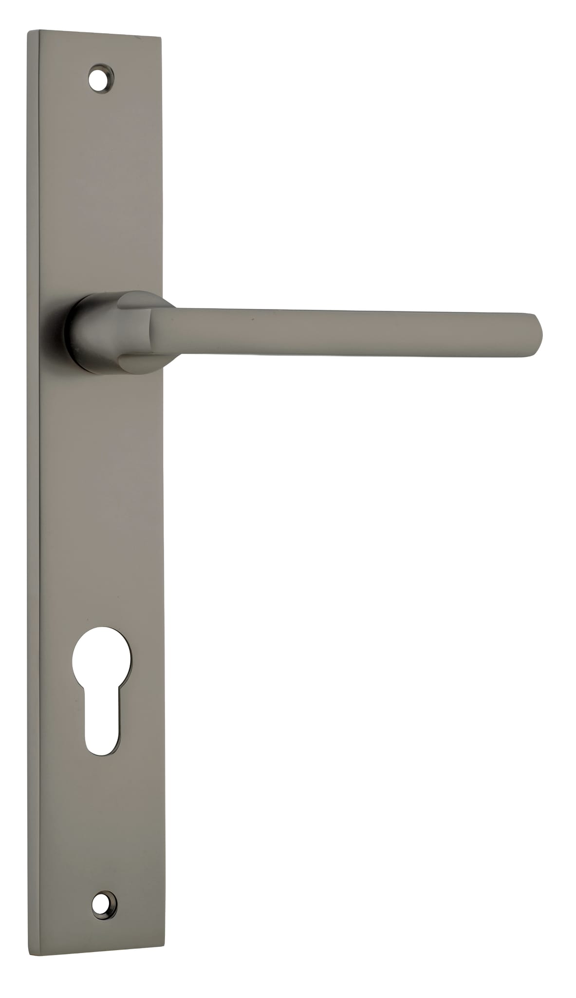 Pair of Iver Baltimore lever door handles on rectangular backplates, showcasing sleek black finish and modern design.