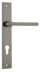 Pair of Iver Baltimore lever door handles on rectangular backplates, showcasing sleek black finish and modern design.