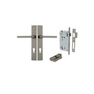 Pair of Iver Baltimore lever handles on rectangular backplates, showcasing polished brass finish and modern door hardware design.