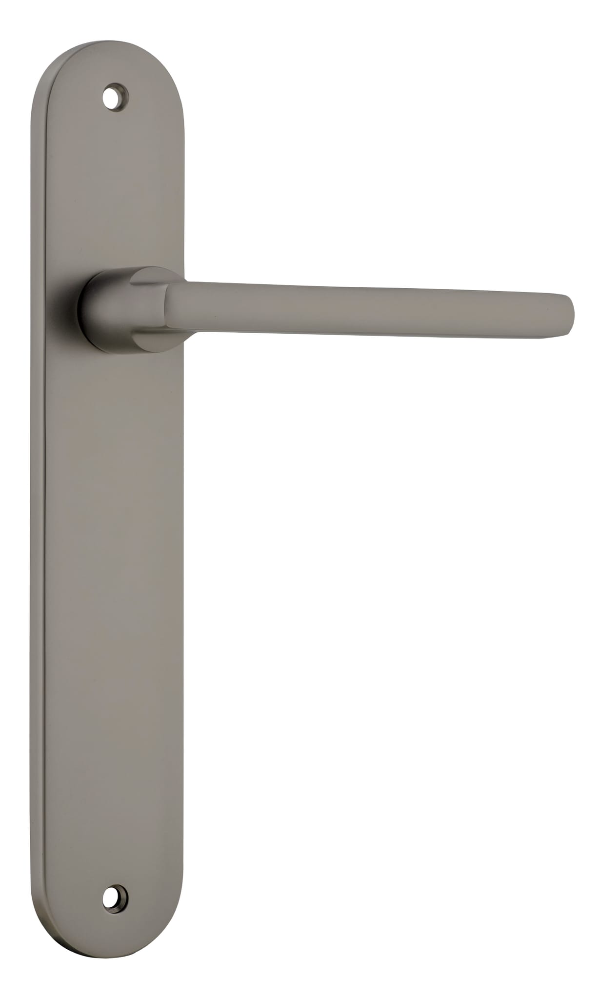 Pair of Iver Baltimore lever door handles on oval backplates, featuring a sleek, modern design in a polished finish.