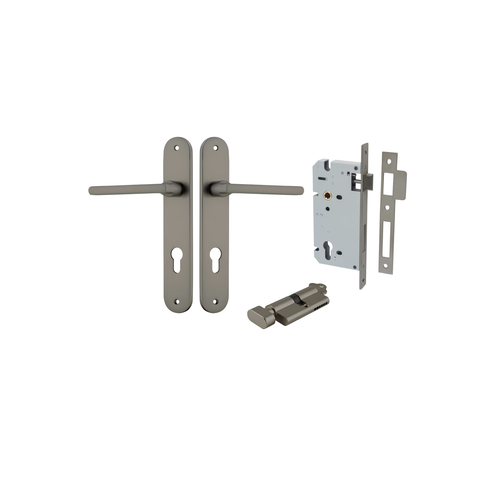 Pair of Iver Baltimore lever door handles on oval backplates, showcasing polished metal finish and modern design.