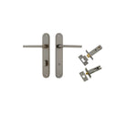 Pair of Iver Baltimore lever door handles on oval backplates, featuring a sleek, modern design in a polished finish.