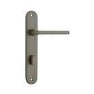 Pair of Iver Baltimore lever door handles on oval backplates, showcasing polished metal finish and elegant design.