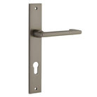 Pair of Iver Baltimore return levers on rectangular backplates, featuring a sleek, modern design for residential doors.