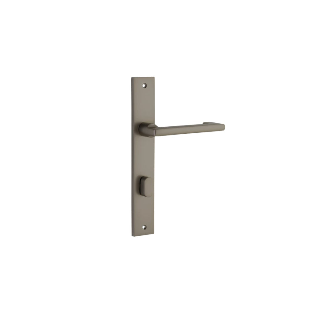 Pair of Iver Baltimore return levers with rectangular backplates, showcasing sleek hardware design and polished finish.