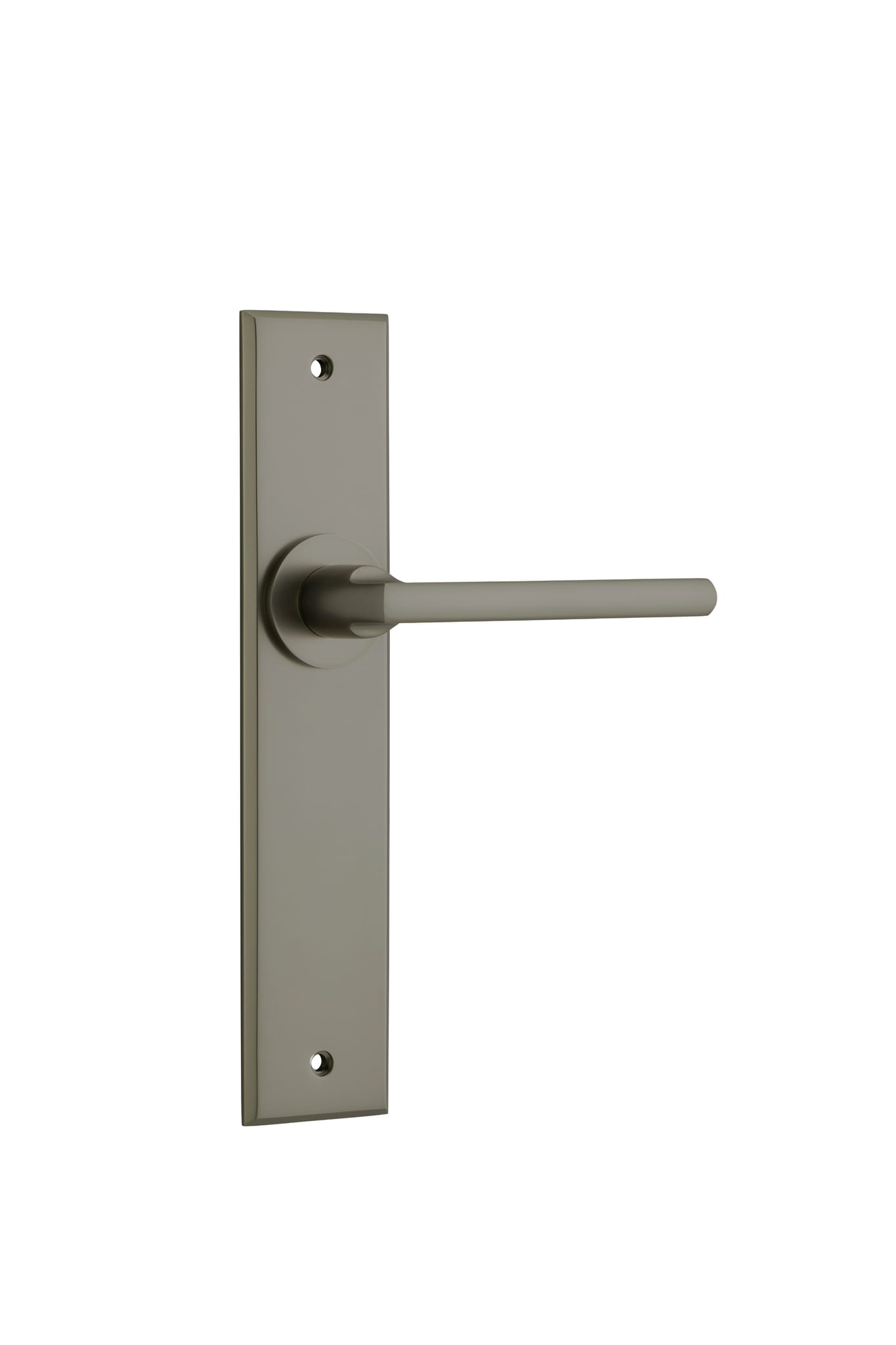 Pair of Iver Baltimore lever handles on chamfered backplates, featuring sleek, modern door hardware design.