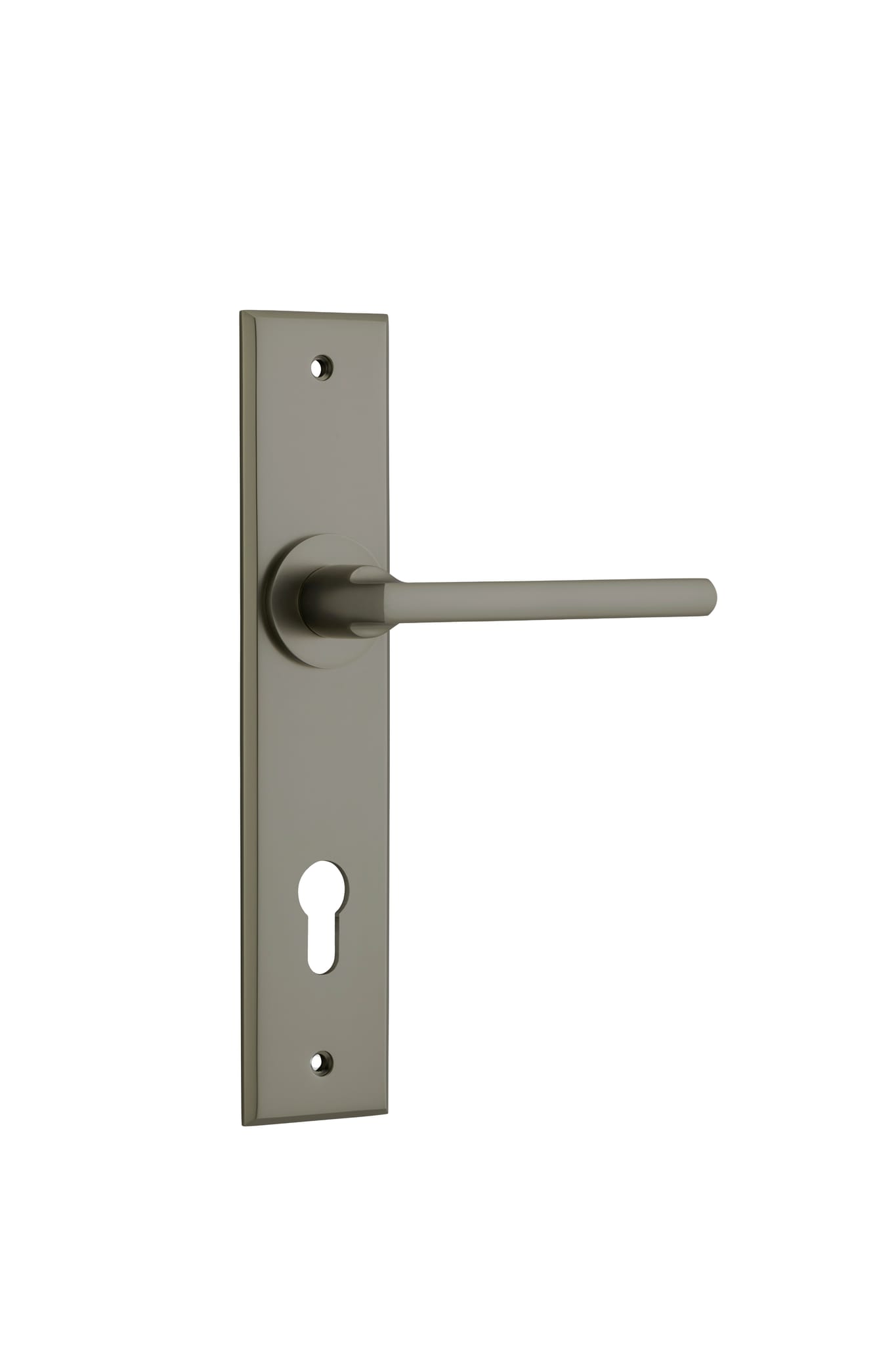 Pair of Iver Baltimore lever door handles on chamfered backplates, featuring a sleek, modern design in a polished finish.