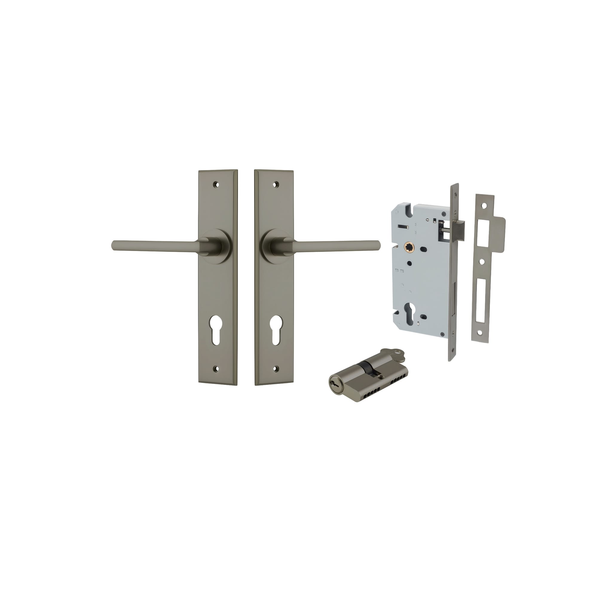 Pair of Iver Baltimore lever door handles on chamfered backplates, featuring a sleek, modern design in a polished finish.