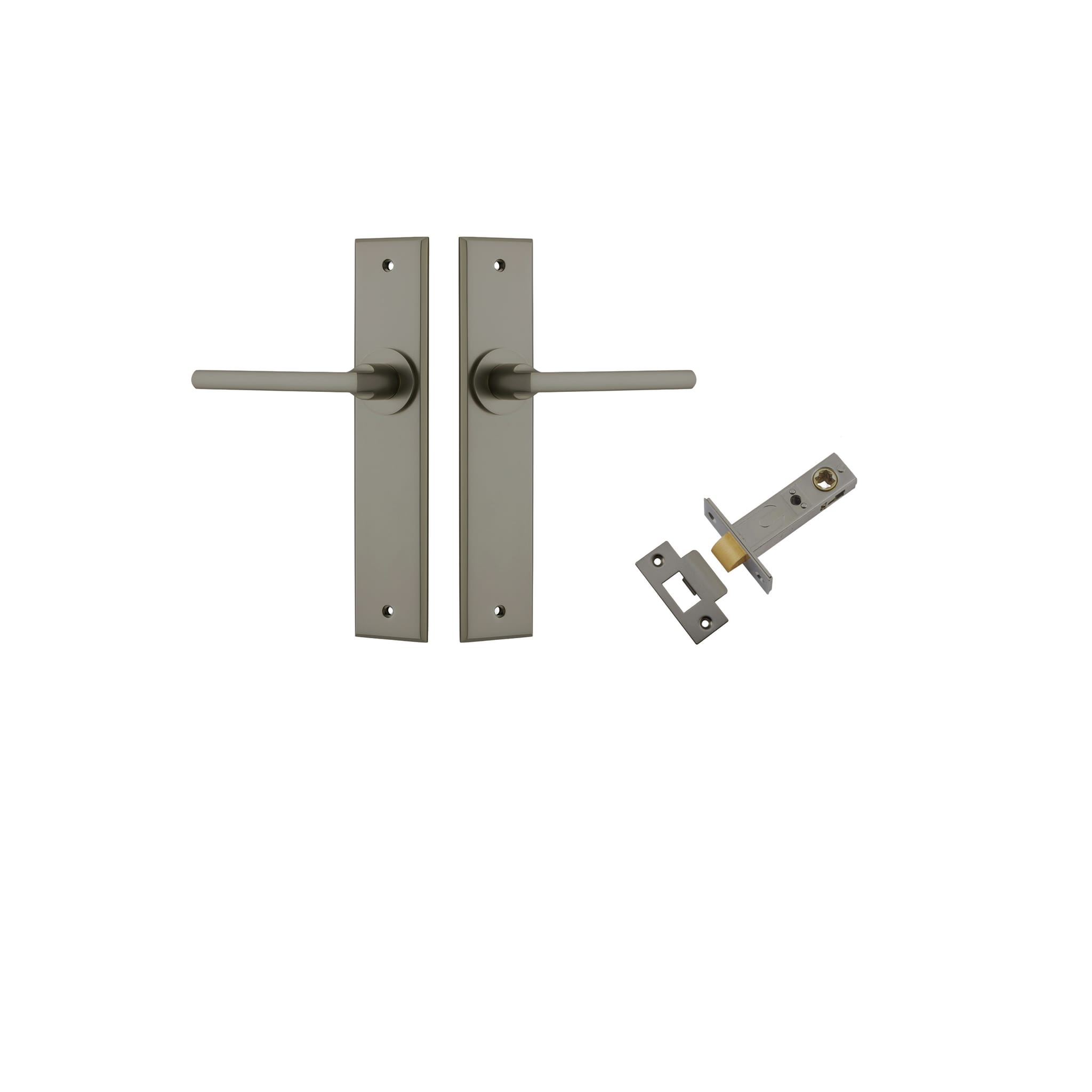 Pair of Iver Baltimore lever door handles on chamfered backplates, featuring a sleek, modern design in a polished finish.