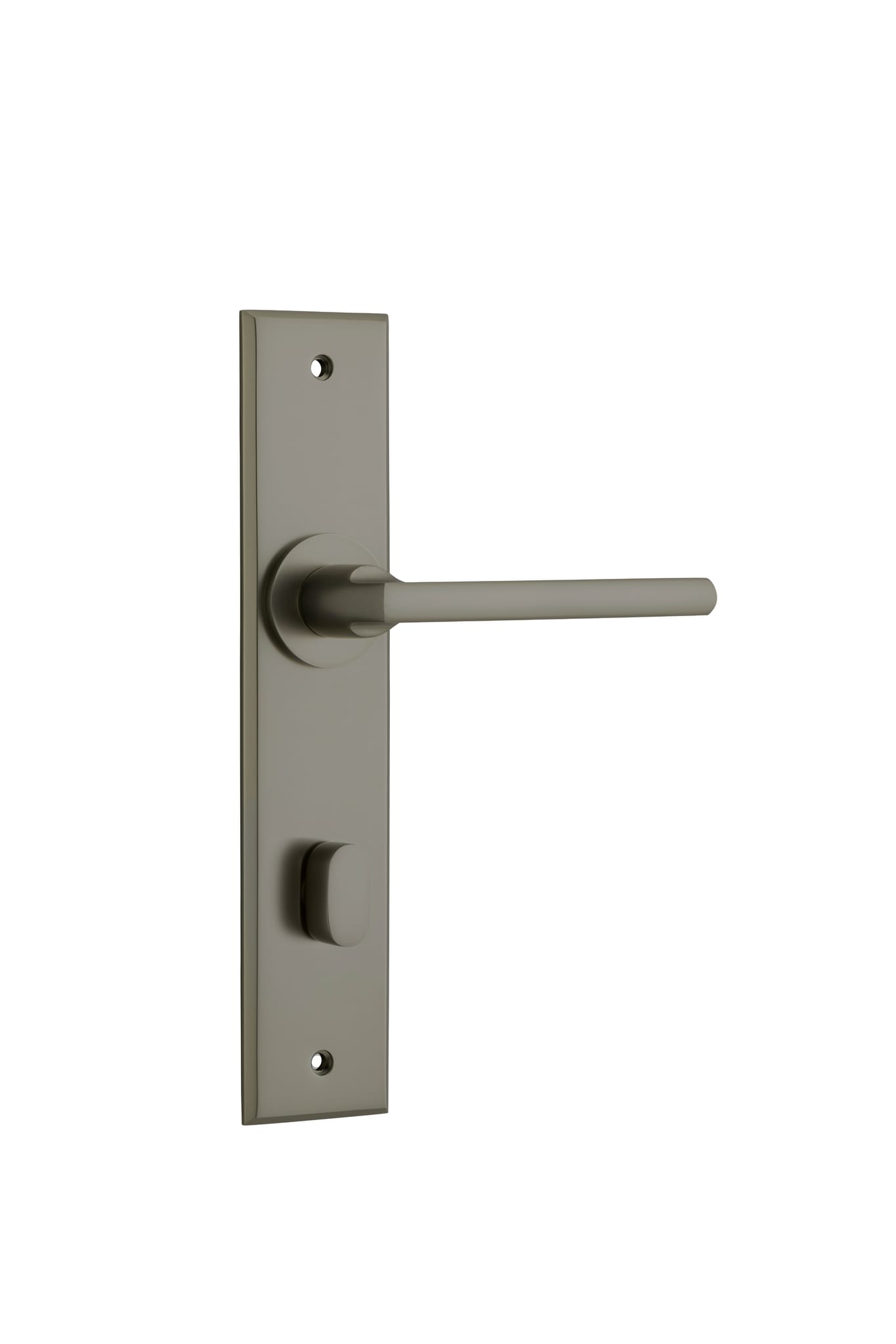 Pair of Iver Baltimore lever door handles on chamfered backplates, featuring a sleek, modern design for interior doors.