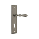 Pair of Iver Sarlat lever handles on stepped backplates, showcasing elegant hardware for doors.
