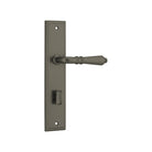 Pair of Iver Sarlat lever handles on stepped backplates, showcasing polished brass finish and elegant design.