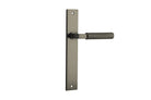 Pair of Iver Brunswick door levers with rectangular backplates, featuring sleek, modern design and polished metal finish.