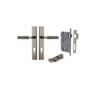 Pair of Iver Brunswick lever door handles on rectangular backplates, featuring a sleek, modern design in a polished finish.