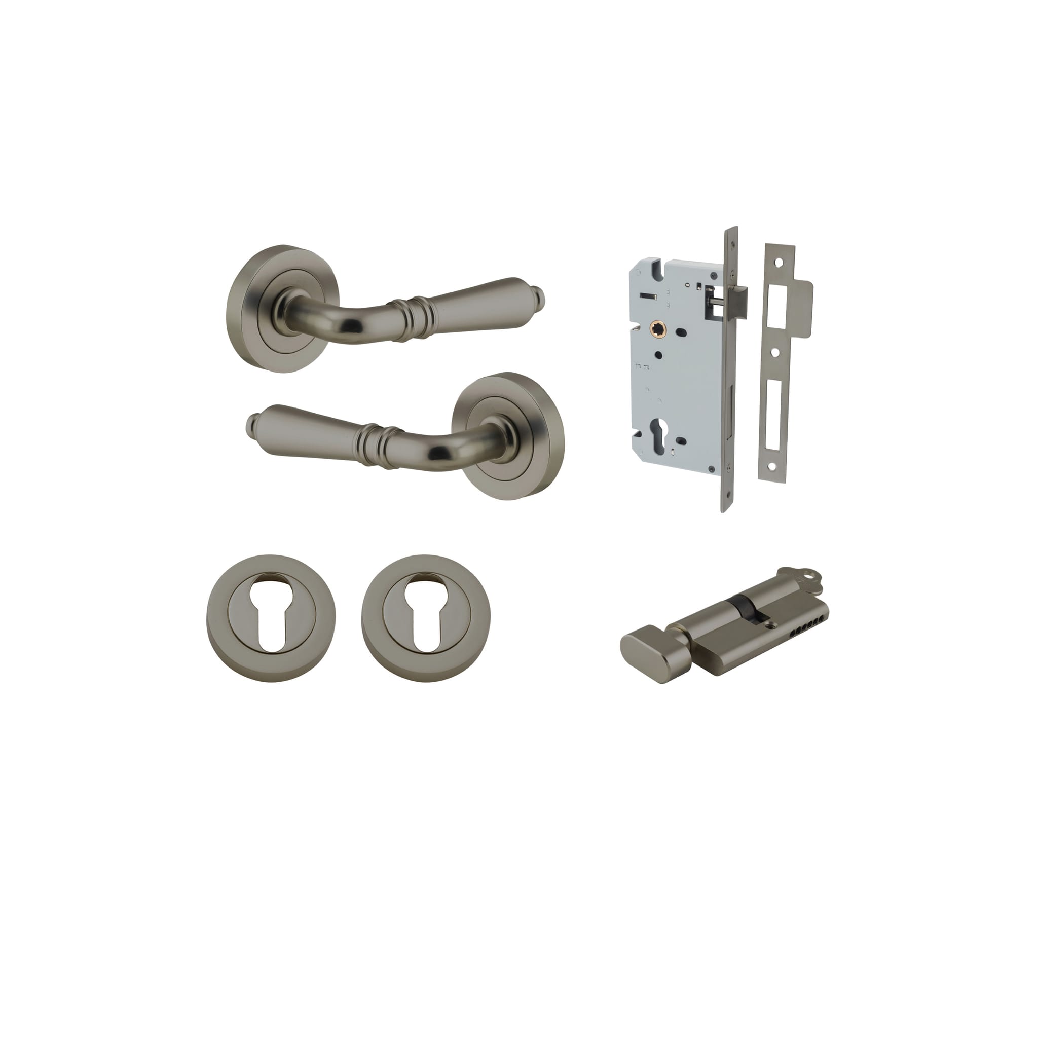 Door Lever Sarlat Rose Round Graphite PVD Key / Thumb Entrance Kit in Graphite PVD