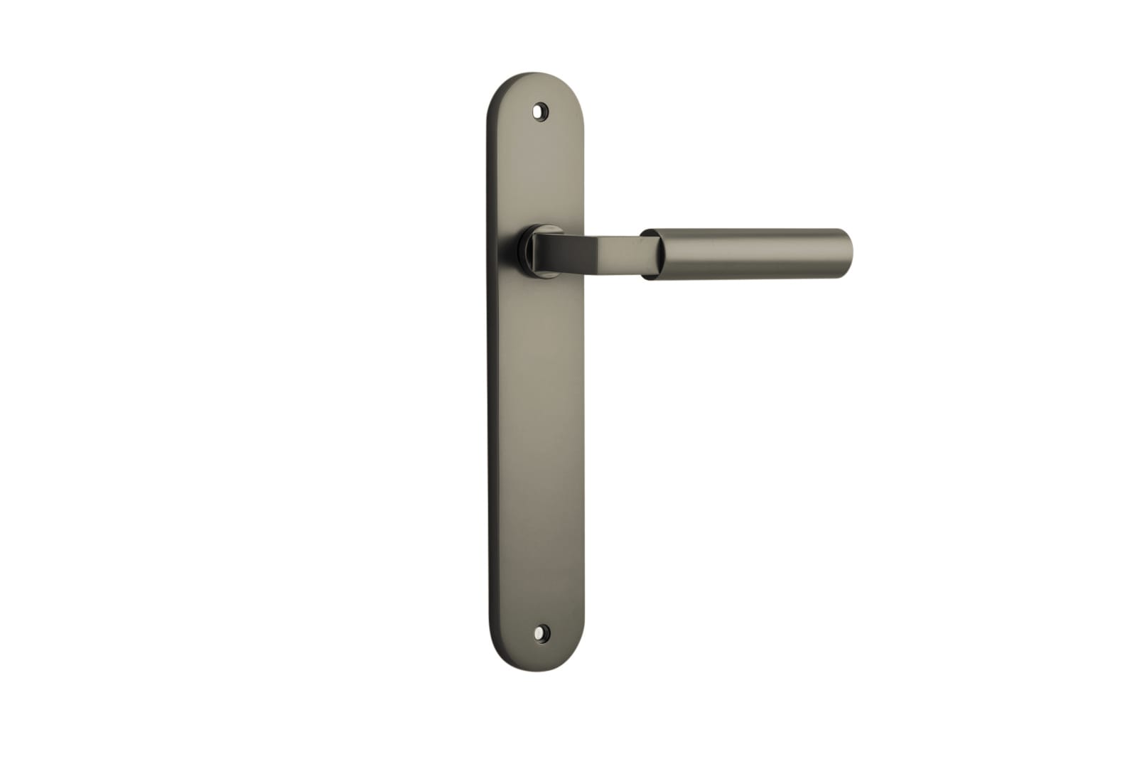 Pair of Iver Berlin lever door handles on oval backplates, chrome finish, modern and stylish for interior doors.