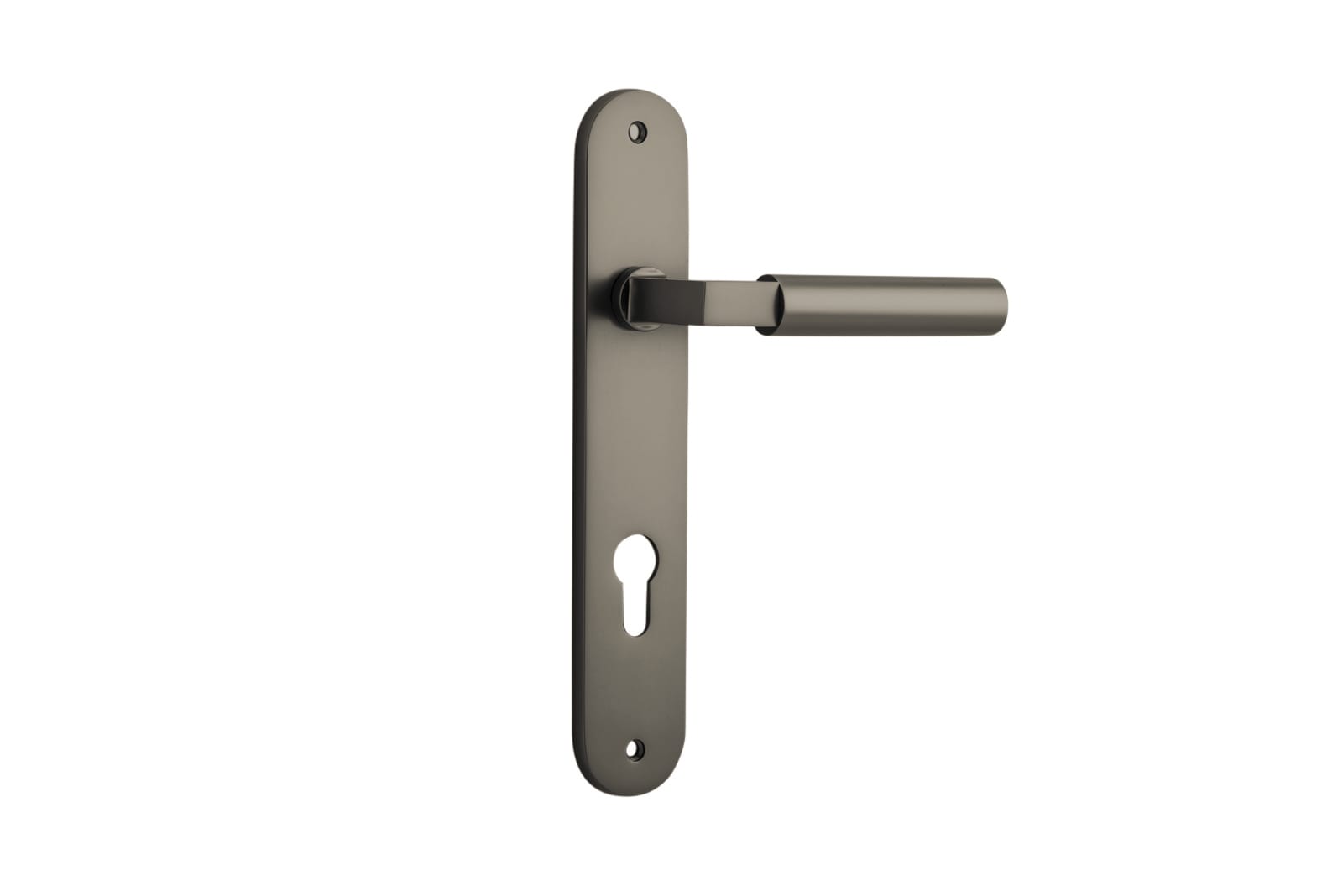 Pair of Iver Berlin lever door handles on oval backplates, featuring a sleek modern design in a polished finish.