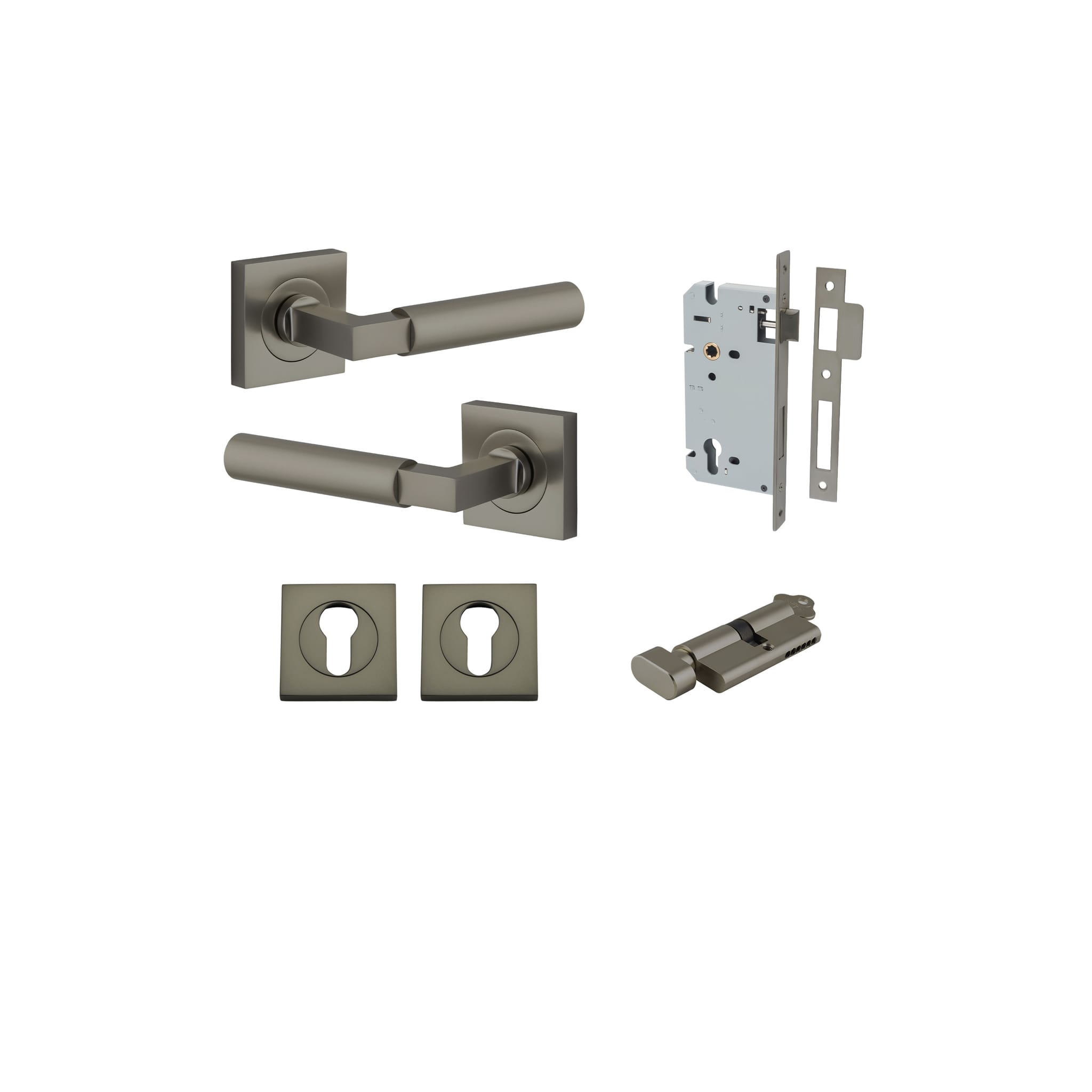 Door Lever Berlin Rose Square Graphite PVD Key / Thumb Entrance Kit in Graphite PVD