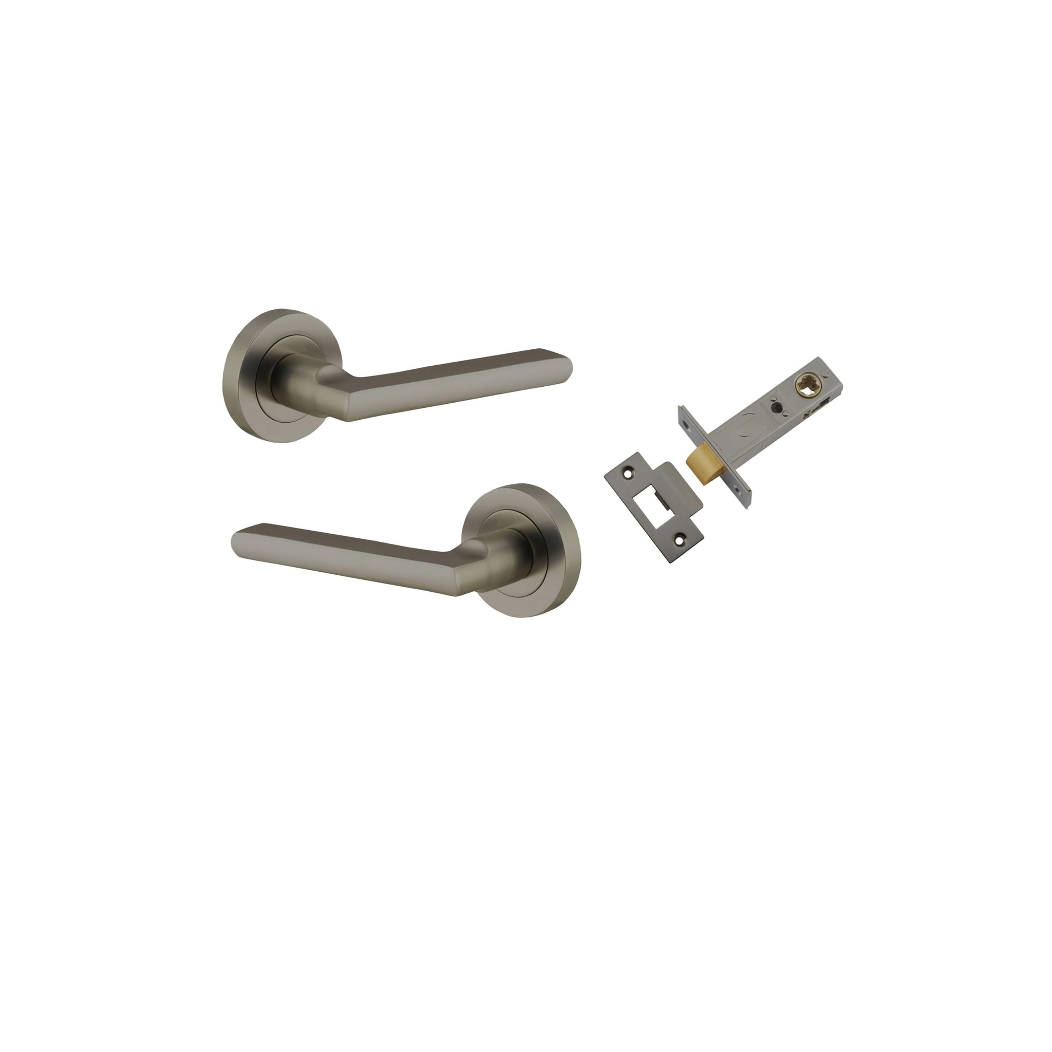Pair of Iver Baltimore lever door handles on round rose plates, featuring a sleek lever design for interior doors.