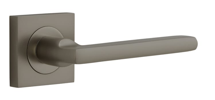 Pair of Iver Baltimore lever door handles on square rose, featuring a sleek, modern design with a satin finish.