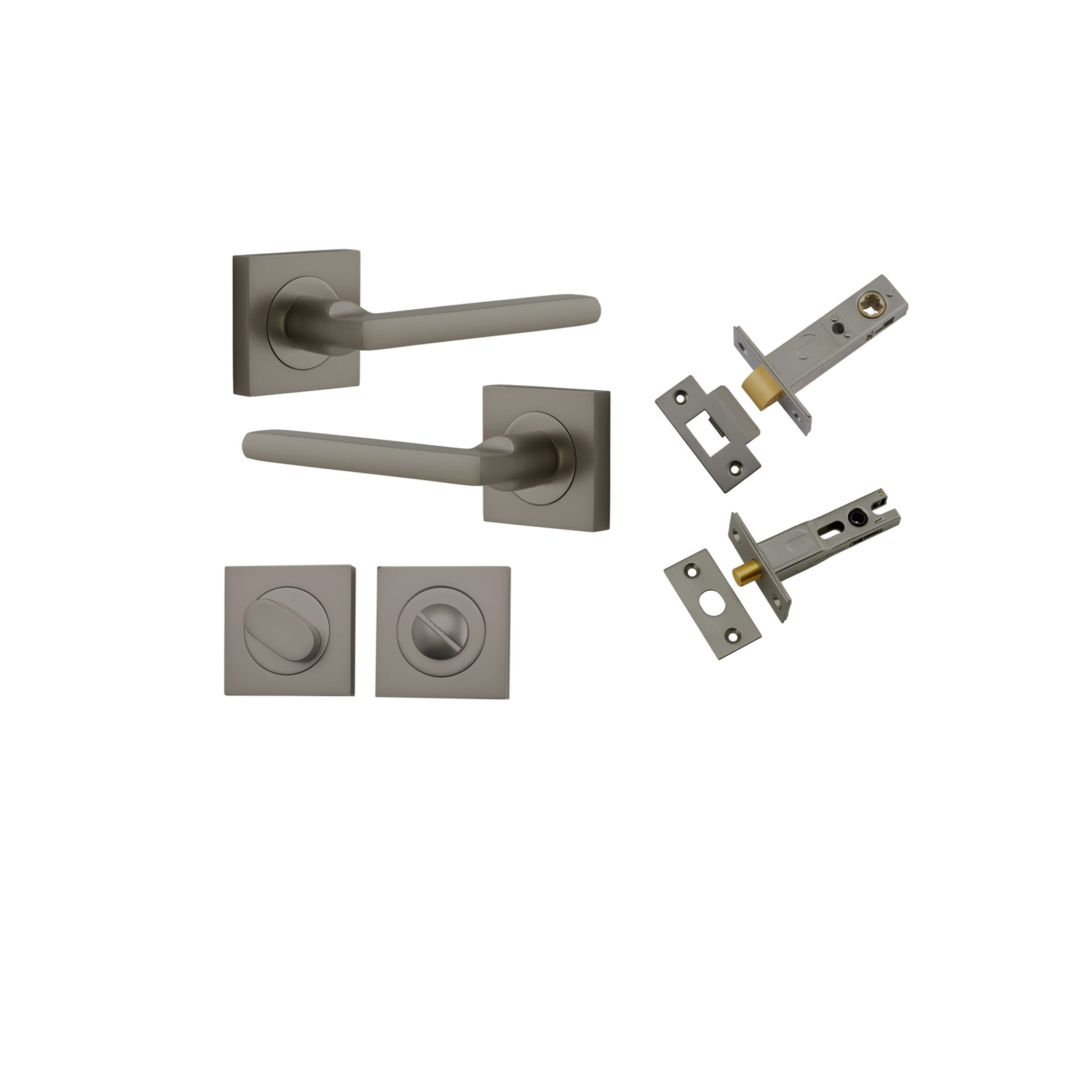 Pair of Iver Baltimore lever handles on square rose, featuring a sleek, modern design in a polished finish.