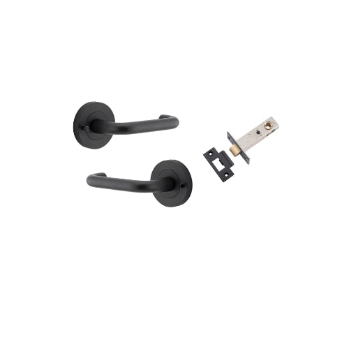 Door Lever Oslo Round Rose Inbuilt Privacy Pair Matt Black D52xP57mm with Tube Latch Privacy with Faceplate & T Striker Backset 60mm in Matt Black