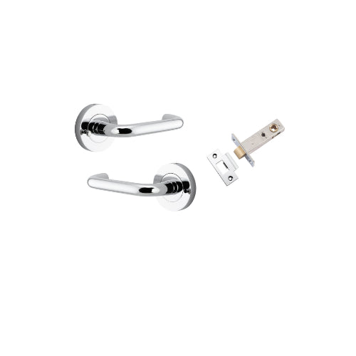 Door Lever Oslo Round Rose Inbuilt Privacy Pair Polished Chrome D52xP57mm with Tube Latch Privacy with Faceplate & T Striker Backset 60mm in Polished Chrome