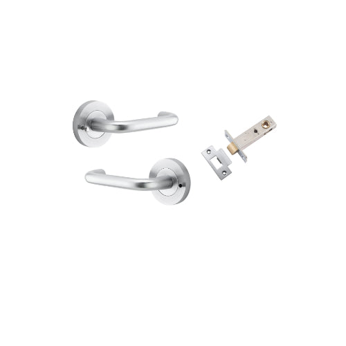 Door Lever Oslo Round Rose Inbuilt Privacy Pair Brushed Chrome D52xP57mm with Tube Latch Privacy with Faceplate & T Striker Backset 60mm in Brushed Chrome
