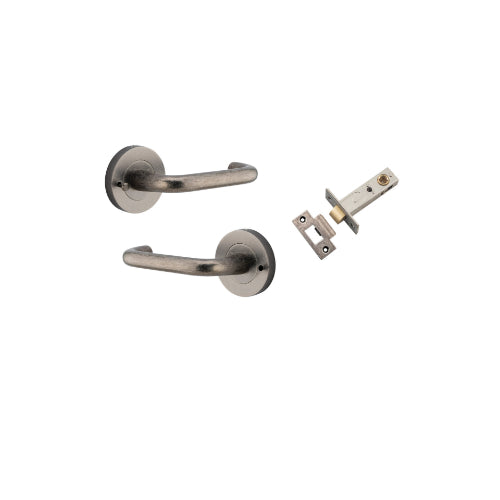 Door Lever Oslo Round Rose Inbuilt Privacy Pair Distressed Nickel D52xP57mm with Tube Latch Privacy with Faceplate & T Striker Backset 60mm in Distressed Nickel