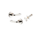 Door Lever Oslo Round Rose Inbuilt Privacy Pair Polished Nickel D52xP57mm with Tube Latch Privacy with Faceplate & T Striker Backset 60mm in Polished Nickel