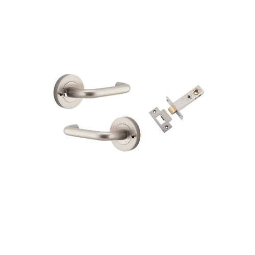 Door Lever Oslo Round Rose Inbuilt Privacy Pair Satin Nickel D52xP57mm with Tube Latch Privacy with Faceplate & T Striker Backset 60mm in Satin Nickel