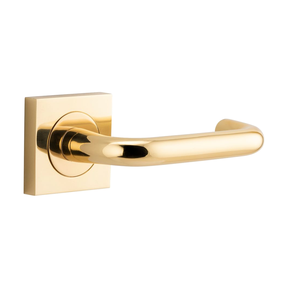 Pair of Iver Oslo Lever on Square Rose architectural hardware door handles in a sleek metal finish.